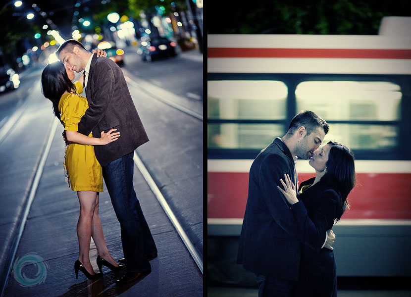 engagement-pictures-standing on the streetcar tram tracks in toronto engagement-pictures-standing on the streetcar tram tracks in toronto