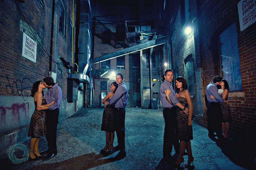 Alley way engagement photo with multiple exposures Alley way engagement photo with multiple exposures