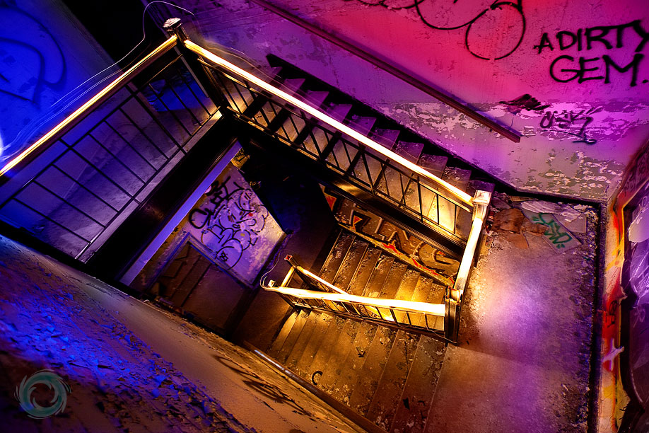 painting with light abandoned factory stairwell