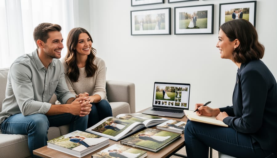 Wedding photographer showing photo album to engaged couple during consultation meeting