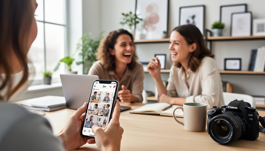 Wedding photographer managing social media content at desk with camera equipment