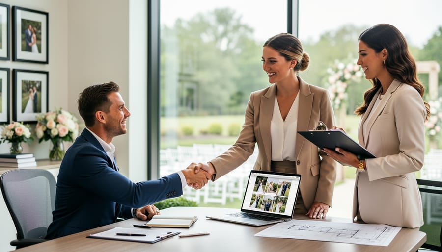 Wedding photographer and wedding planner shaking hands at wedding venue