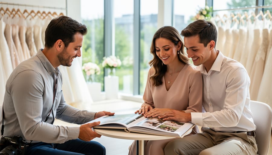 Wedding photographer showing a printed portfolio album to a smiling engaged couple at a small table in a bright bridal boutique, with wedding dresses and floral arrangements softly blurred in the background.