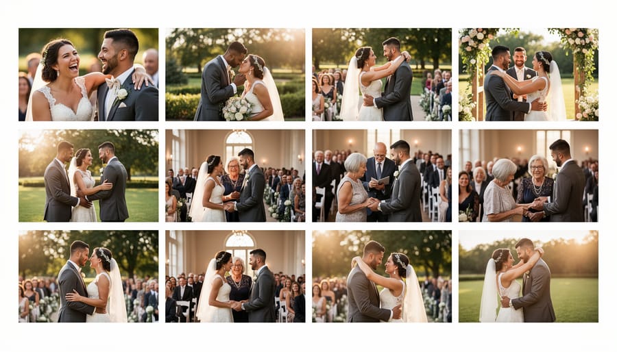 Open wedding photo album displaying emotional sunset couple portrait