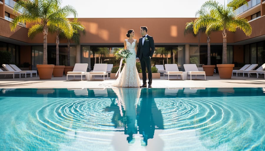 Bride and groom posing poolside at Parker Palm Springs with reflective water and palm trees in the background.
