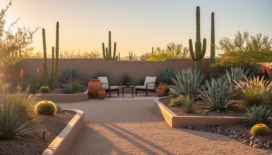 Couple holding hands on a garden path with desert plants at Parker Palm Springs during golden hour.
