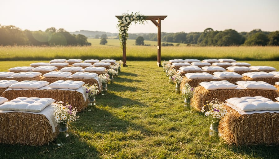 Hay bale seating with a wedding couple near rustic barn ceremony space.