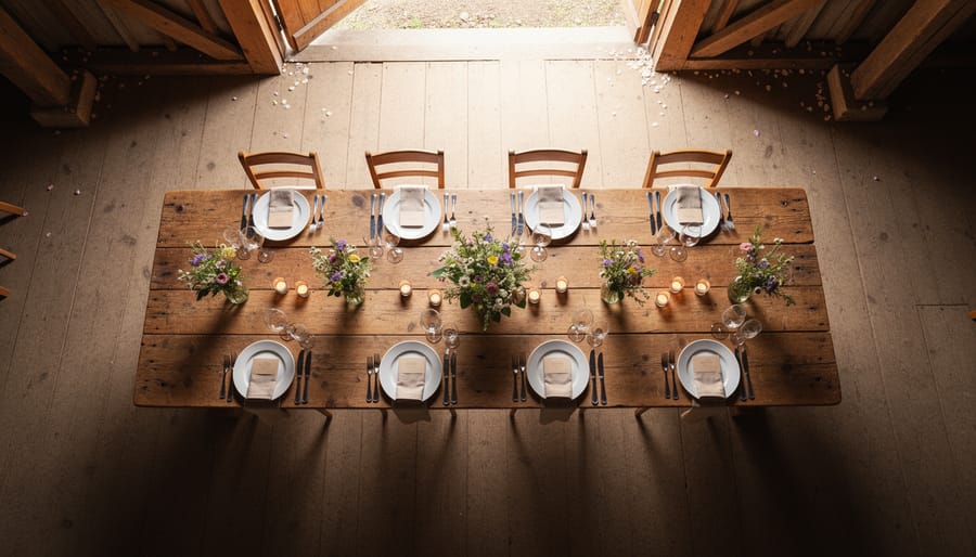 Rustic barn reception farm table set with candles, greenery, and place settings from above.