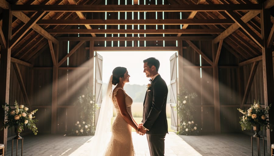 Wedding ceremony under exposed wooden beams inside a barn with soft natural light streaming in.