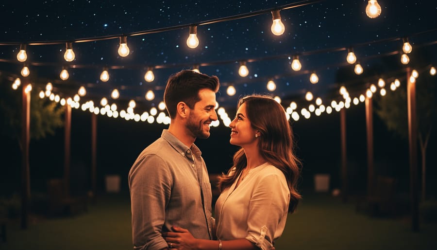 Wedding couple illuminated by warm Edison bulb string lights inside a barn at dusk.