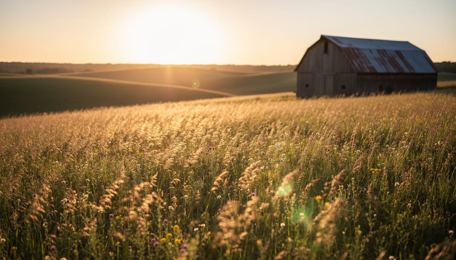 Wedding couple in a pastoral field during golden hour with warm backlighting near a barn.
