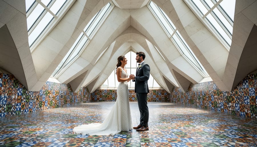 Wedding couple in front of Parker Palm Springs mid-century modern architecture with colorful geometric tiles and warm desert sunlight.
