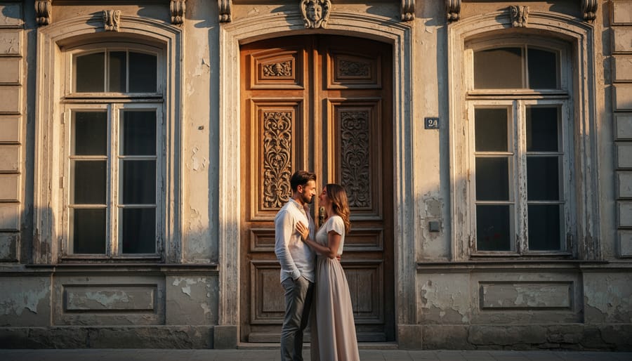 Wedding couple portrait framed by vintage doors and window frames inside a barn.