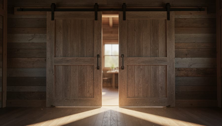 Wedding couple revealed framed by open sliding barn doors with dramatic backlighting.