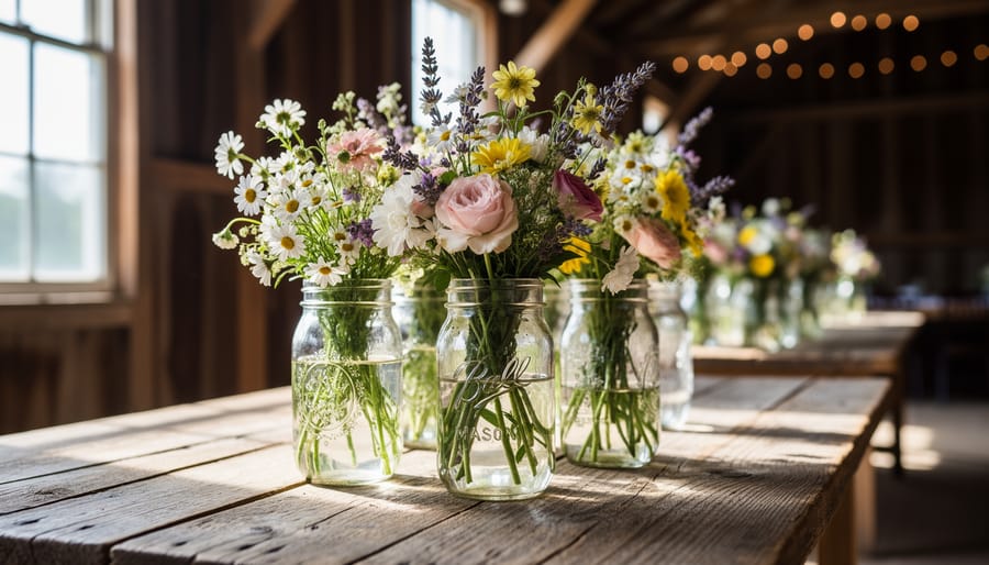 Wildflower arrangements in mason jars on a barn reception table with soft background bokeh.