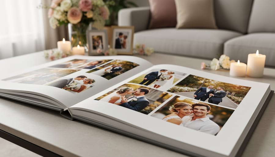 Open wedding photo album displaying several 4x6-style photos on a coffee table in a softly lit living room.