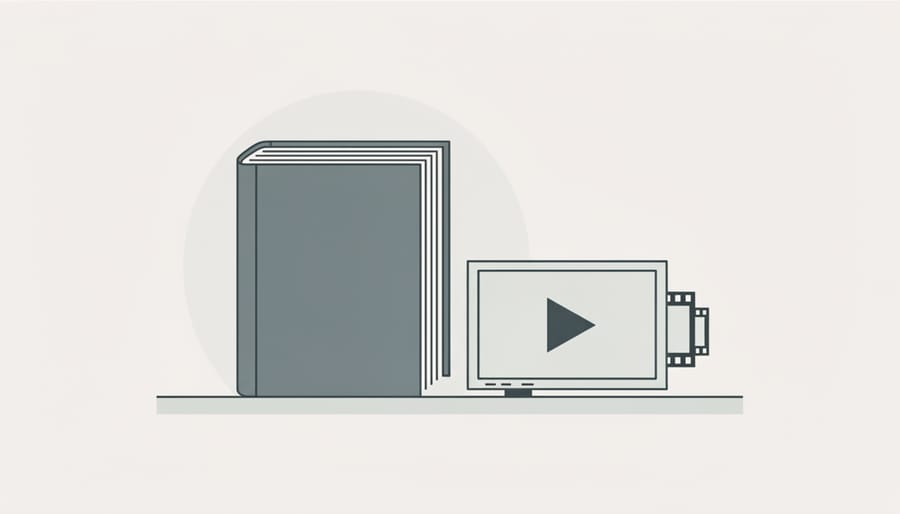 Open wedding photo album next to a laptop displaying a paused wedding video without visible text