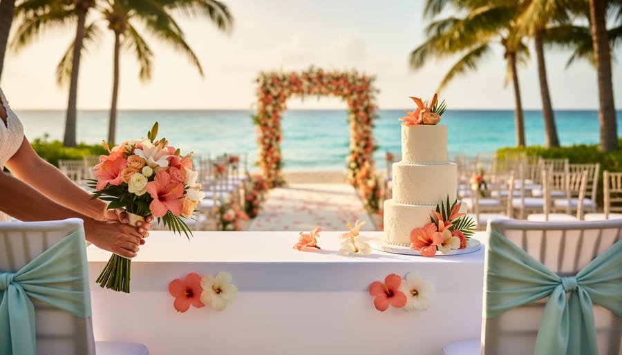 Wedding bouquet and two-tier cake on a destination wedding table at a Caribbean resort with tropical décor and chair covers in the background.