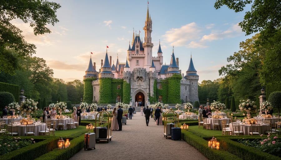A couple in wedding attire walking on a castle terrace at golden hour with turrets and stone architecture behind them.