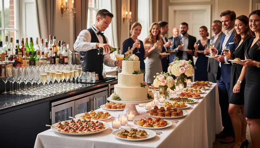 A wedding cocktail hour with a dessert table, glassware, and elegant drink station in a modern outdoor setting.
