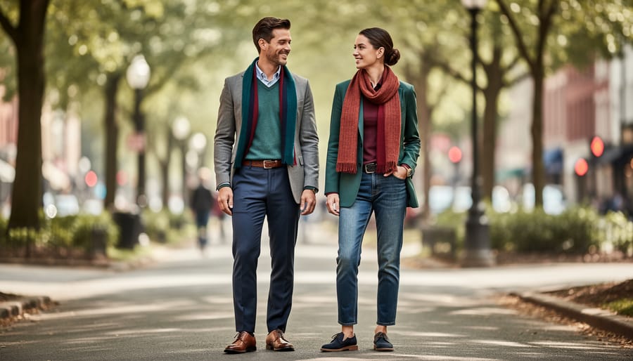 Couple in complementary engagement photo outfits holding hands in golden hour light