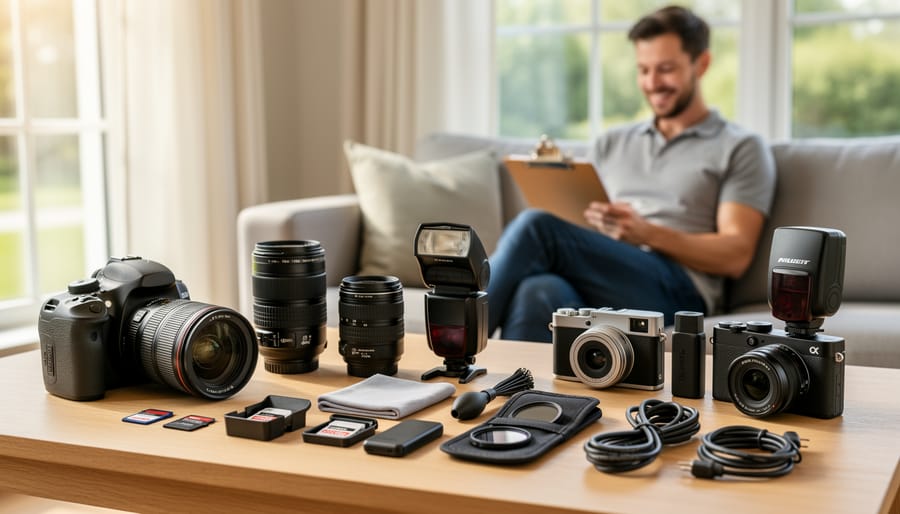 Neatly packed engagement photo wardrobe items, shoes, and emergency accessories laid out flat