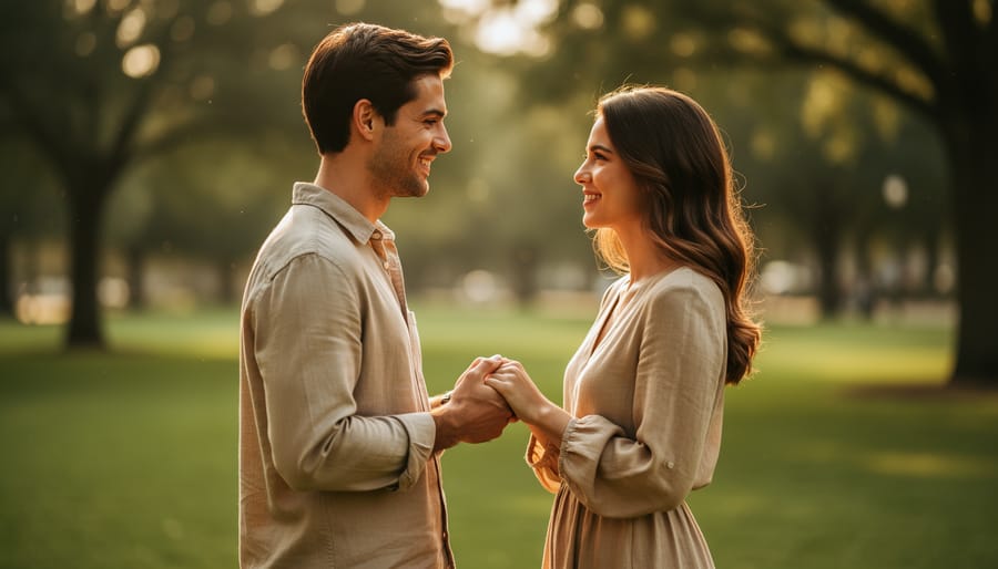Engaged couple standing in an outdoor park during golden hour, wearing coordinated neutral outfits and holding hands while smiling at each other.