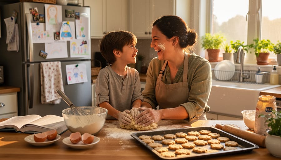 Family members kneading dough in a home kitchen during an environmental portrait session.