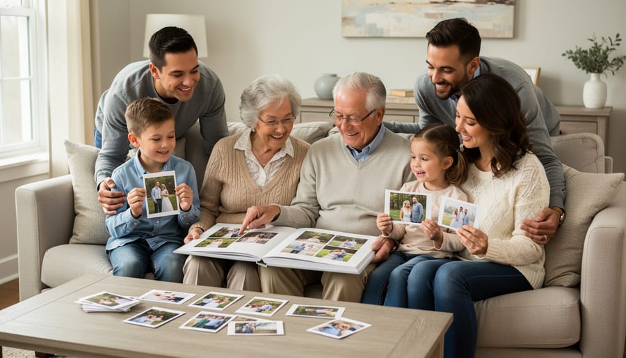 Family sharing a wedding photo album with 4x6 photos during a warm gathering