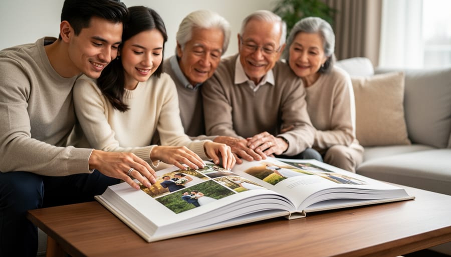 Generations of family members gathered while someone opens a finished wedding album