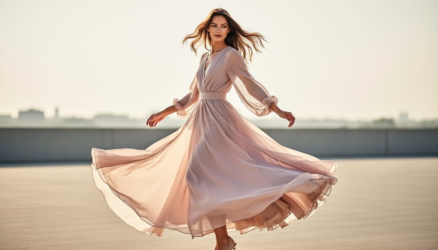 Close-up of gently flowing chiffon and linen-like fabric on a couple during an engagement photo session