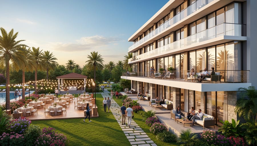 An outdoor resort terrace set for a wedding reception with nearby hotel buildings and guests mingling in the background.