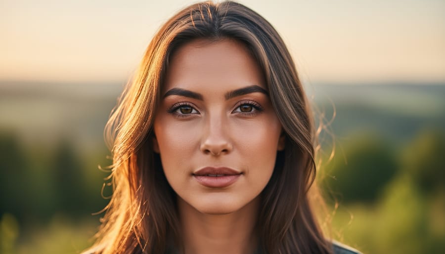 Outdoor portrait captured in golden hour light with a softly blurred park background.