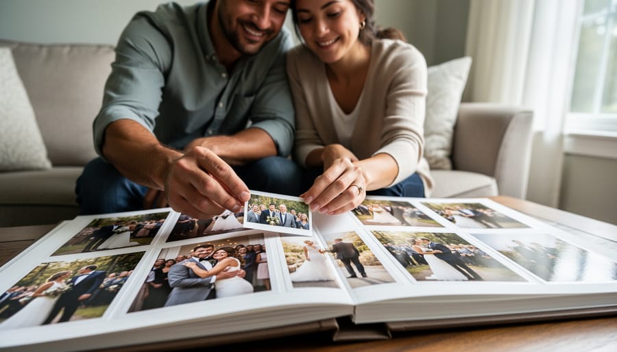 Hands flipping through a wedding photo album containing 4x6 photos in protective sleeves
