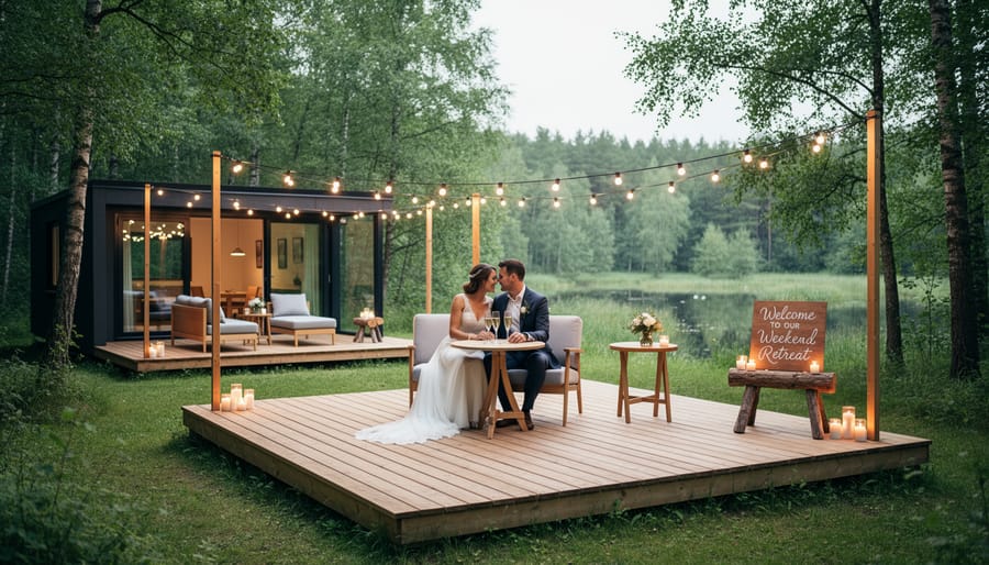Small group on a countryside retreat deck at sunrise with a wedding celebration table and soft morning light.