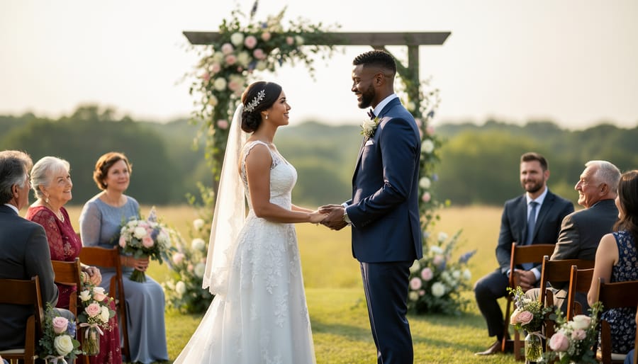 A couple in wedding attire exchanging vows during an intimate outdoor ceremony with soft golden-hour light.