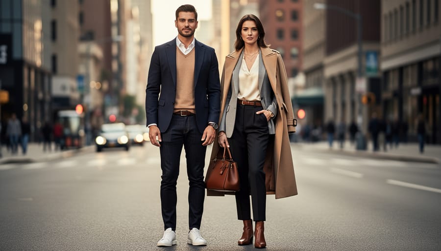 Couple with a layered jacket and carefully chosen accessories during an engagement photo session