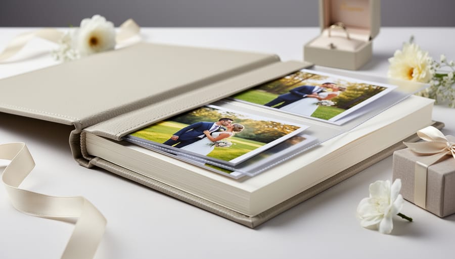 Top-down view of a leather wedding photo album with printed 4x6 photos on a neutral surface
