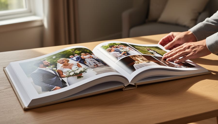 Open wedding photo album with a couple’s hands turning pages on a wooden table