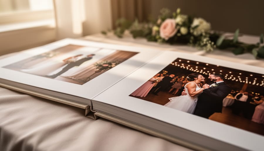 Open wedding photo album with the bride and groom’s ceremony and reception images visible under warm natural light