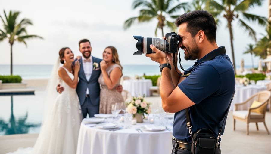 A wedding photographer photographing a couple with a professional camera during a warmly lit reception.