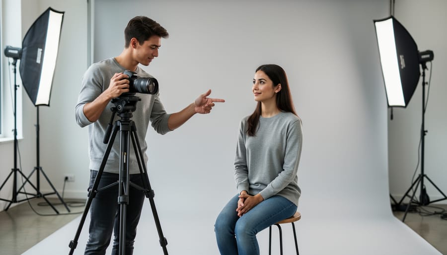 Portrait photography student gently directing a smiling subject during a softly lit studio session.
