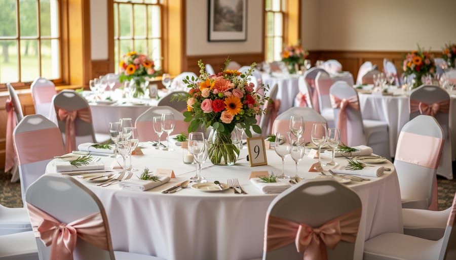 Close view of reception chair covers and floral bouquets with softly lit tables in the background.