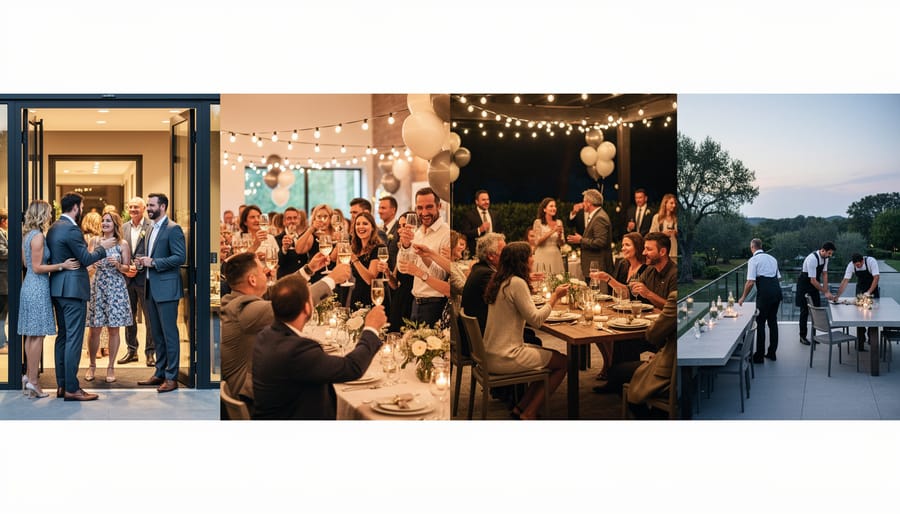 Wedding reception with candlelit tables and a blurred couple dancing while photo and video teams are present