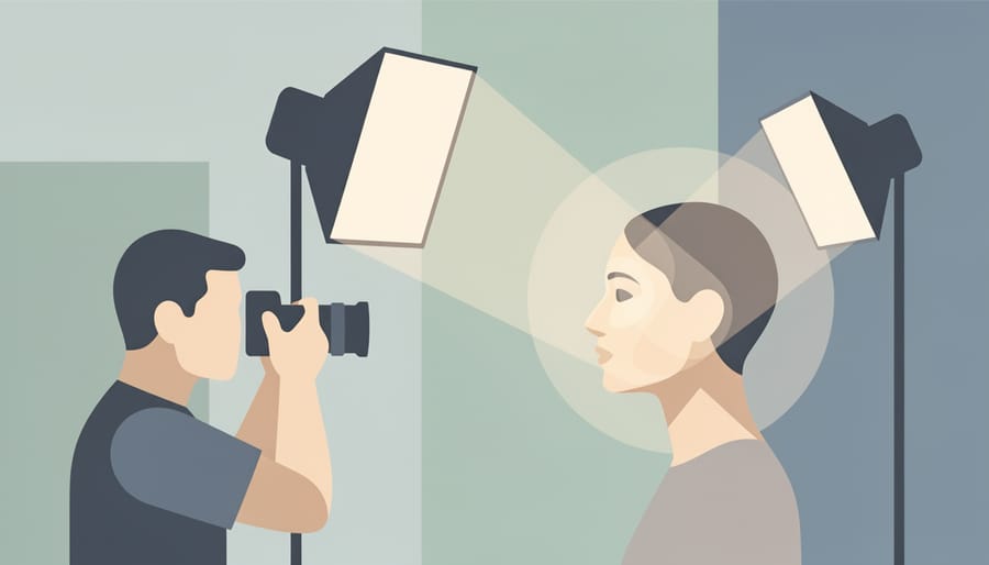 Close-up of a photographer adjusting a reflector near a subject’s face for soft, flattering light.