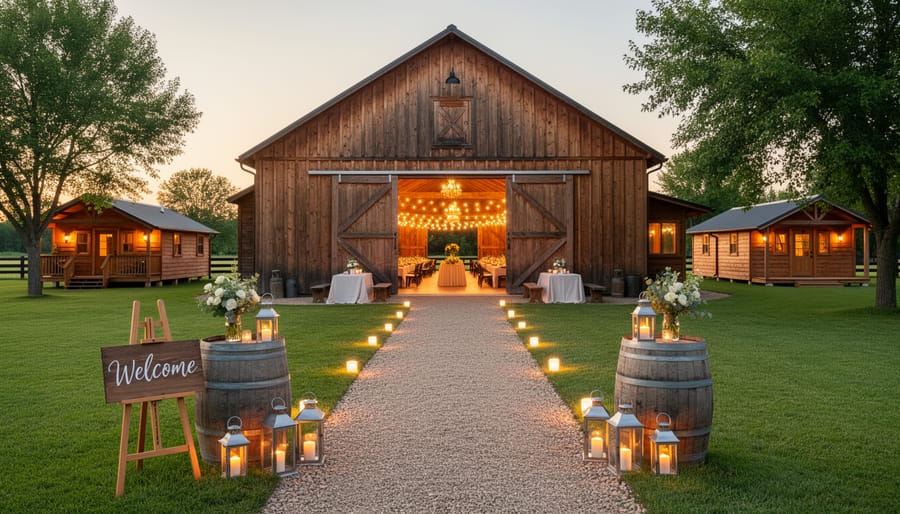 Wedding couple and guests walking toward a warmly lit rustic barn venue with countryside cabins in the distance.