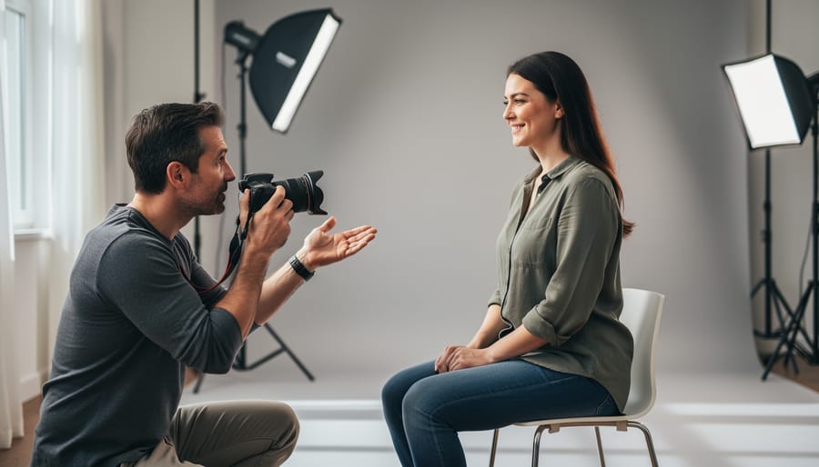 A photographer kneeling and directing a relaxed client for a portrait shoot under soft side lighting, with blurred studio gear in the background.