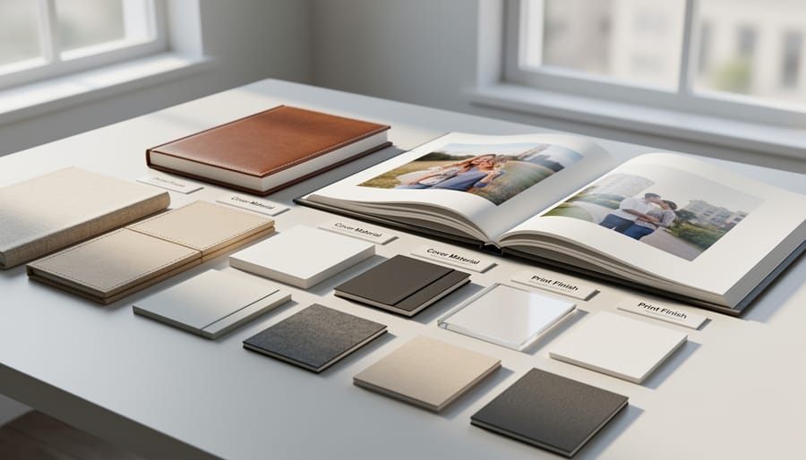 Close-up of wedding album cover material samples and printed page surfaces on a tabletop