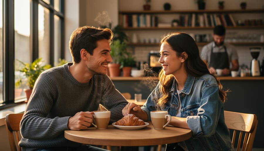 Bride and groom standing outside a warmly lit neighborhood café, holding hands and smiling in golden hour light.