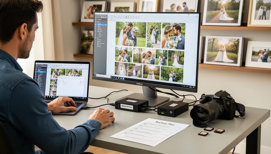 Wedding photo storage devices and printed proofs arranged on a desk